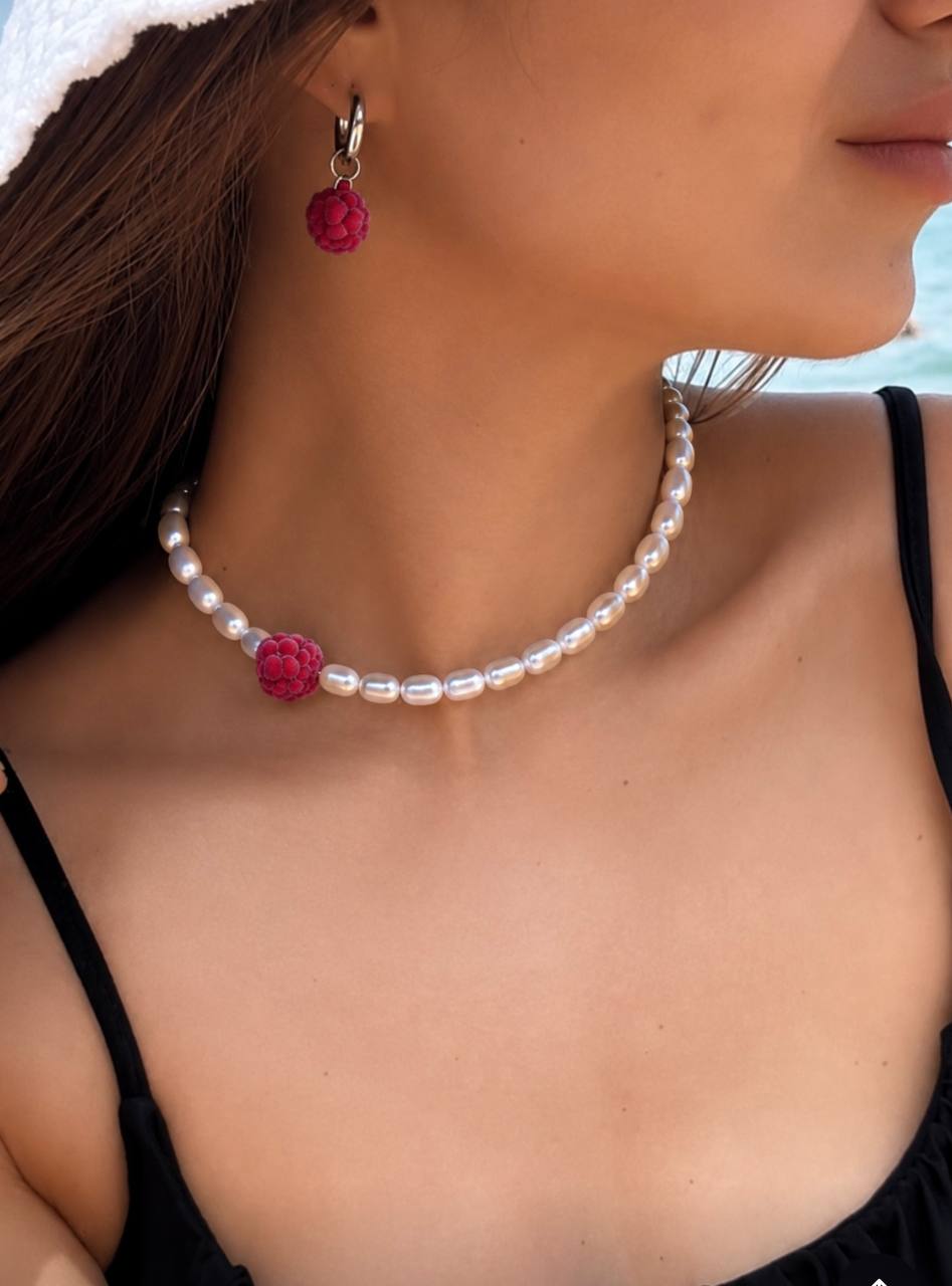 Pearl Necklace with Raspberry Charm | Freshwater Pearl Choker, Handmade Polymer Clay Jewelry