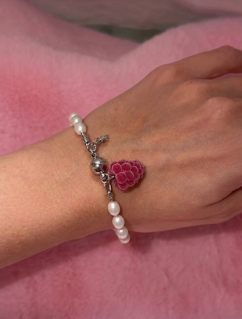 Pearl Bracelet with Raspberry Charm | Freshwater Pearl Choker, Handmade Polymer Clay Jewelry