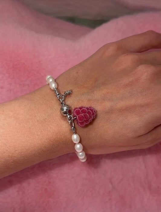 Pearl Bracelet with Raspberry Charm | Freshwater Pearl Choker, Handmade Polymer Clay Jewelry