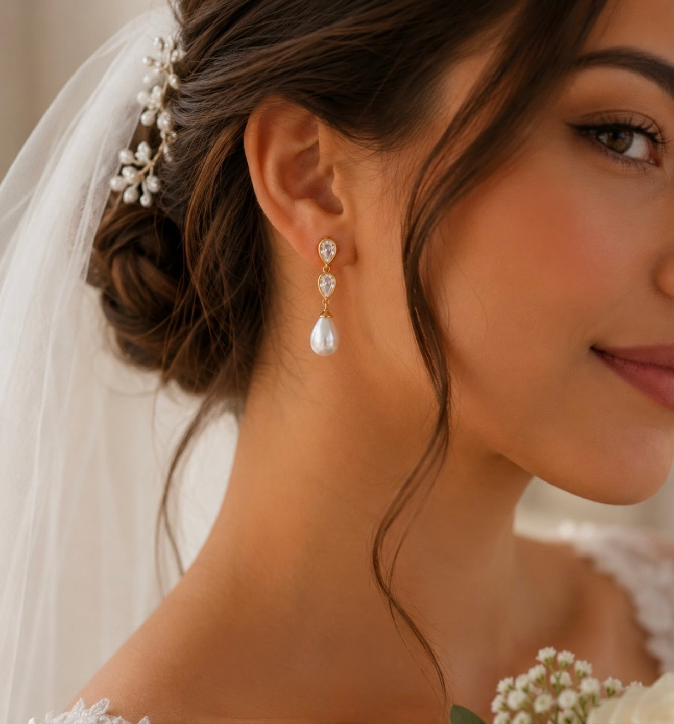 Wedding drop earrings with natural freshwater pearls and cubic zirconia.