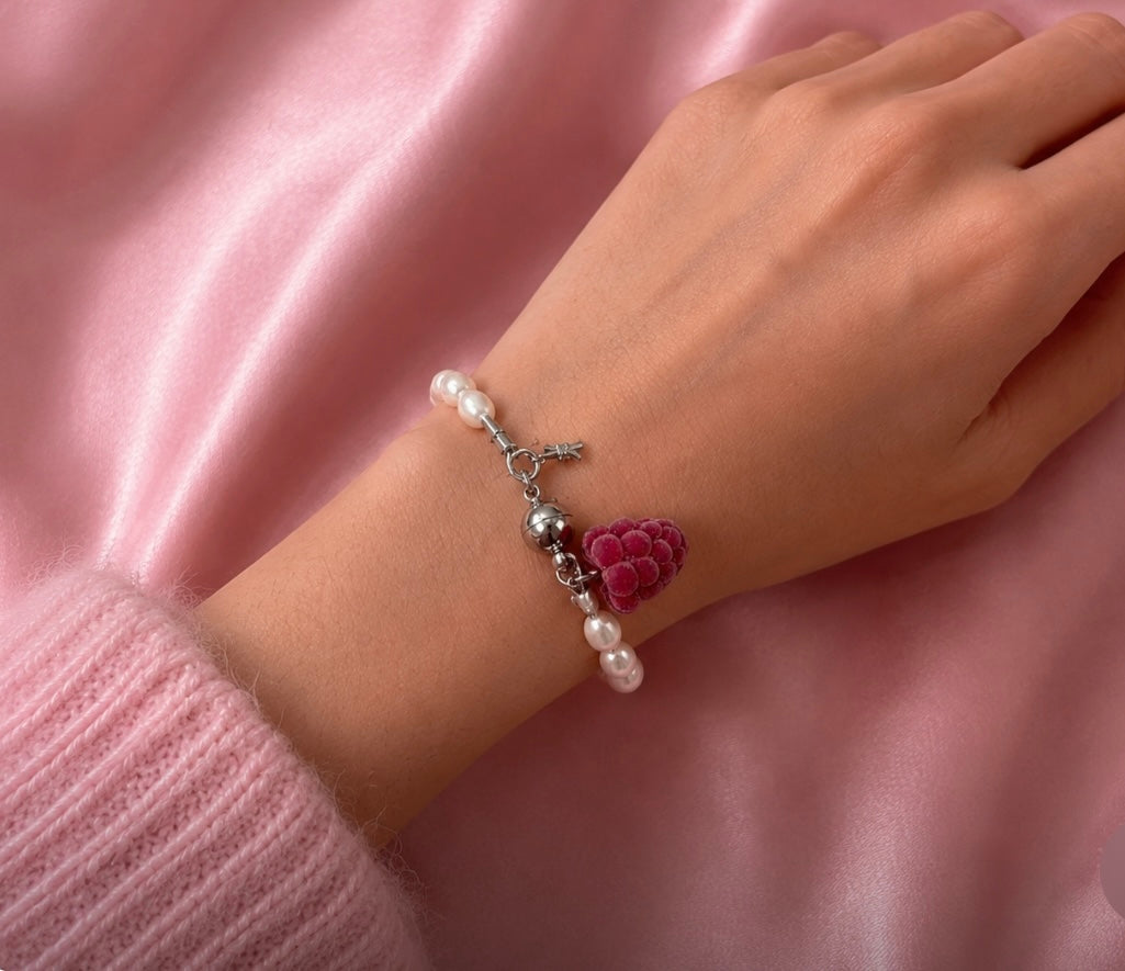 Pearl Bracelet with Raspberry Charm | Freshwater Pearl Choker, Handmade Polymer Clay Jewelry